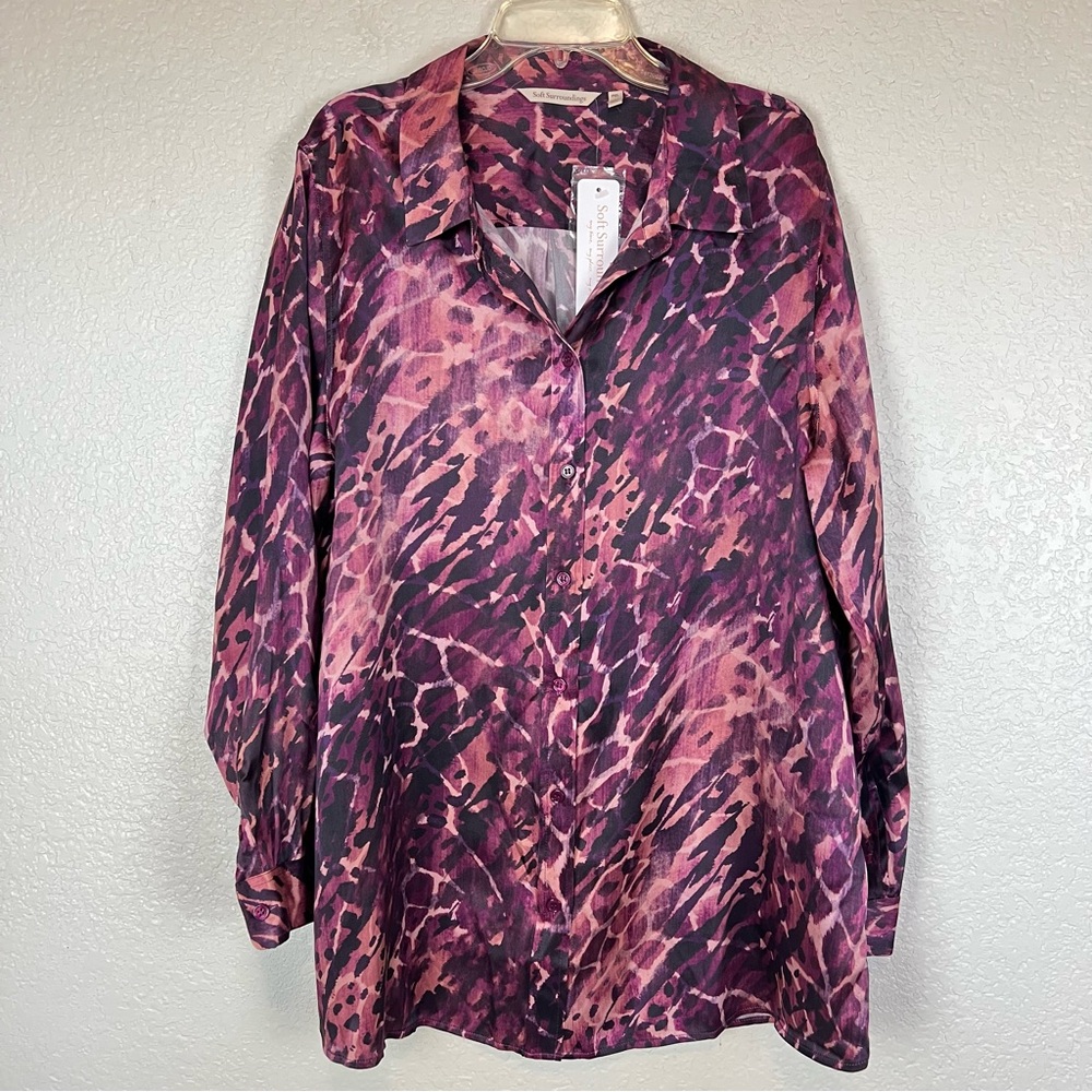 Soft Surroundings top blouse 100% silk Vivi animal print pink purple classic XL